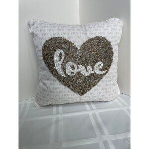 Beaded Heart "Love" Decorative Throw Pillow 100% Polyester  White & Gold Accents